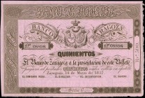 SPAIN. Banco de Zaragoza. 500 Pesetas, 1857. P-S453. Choice About Uncirculated.
Bright pink paper stands out on this large format Spanish note.
Esti...