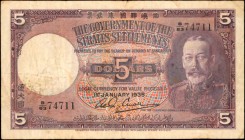 STRAITS SETTLEMENTS. Government of the Straits Settlements. 5 Dollars, 1935. P-17b. Fine.
A Fine example of a 1935 5 Dollar note, seen with a fearsom...