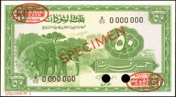SUDAN. Bank of Sudan. 50 Piastres, 1964-68. P-7s. Specimen. Uncirculated.
SPECIMEN (Number #1) red diagonal print and with two printer's logos on fac...