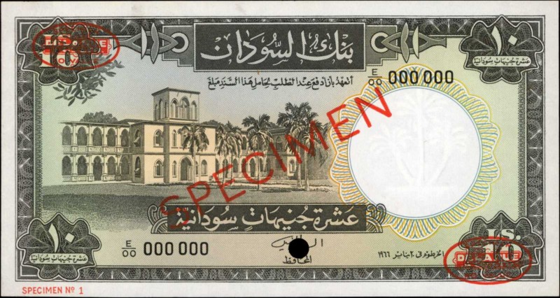 SUDAN. Bank of Sudan. 10 Sudanese Pounds, 1964-68. P-10s. Specimen. Uncirculated...