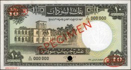 SUDAN. Bank of Sudan. 10 Sudanese Pounds, 1964-68. P-10s. Specimen. Uncirculated.
SPECIMEN (Number #1) red diagonal print and with two printer's logo...