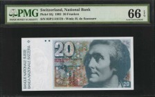 SWITZERLAND. National Bank. 20 Franken, 1992. P-55j. PMG Gem Uncirculated 66 EPQ.
Watermark of H. de Saussure. Bold blue ink is found on the face and...