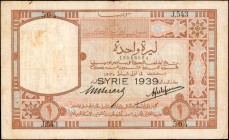 SYRIA. Banque de Syrie er du Grand-Liban. 1 Livre, 1939. P-39A. Very Fine.
Black "Syrie 1939" overprint is seen printed over the original signatures ...