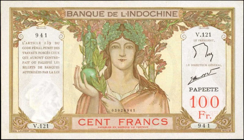 TAHITI. Banque de L'Indo-Chine. 100 Francs, ND (1939-65). P-14d. Extremely Fine....