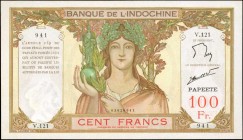 TAHITI. Banque de L'Indo-Chine. 100 Francs, ND (1939-65). P-14d. Extremely Fine.
Detailed allegorical female seen at center, with colorful floral des...