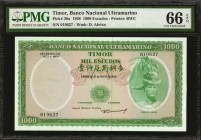 TIMOR. Banco Nacional Ultramarino. 1000 Escudos, 1968. P-30a. PMG Gem Uncirculated 66 EPQ.
Watermark of D. Aleixo. Printed by BWC. An ornate border d...