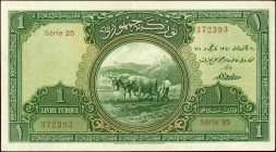 TURKEY. Ministry of Finance. 1 Livre, 1926. P-119a. Very Fine.
First issue of the Man plowing with oxen. Series 25. Printed by TDLR. Watermark of K. ...