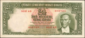 TURKEY. Türkiye Cümhuriyet Merkez Bankasi. 2 1/2 Turk, 1930. P-126. Very Fine.
Law 11 Haziran 1930, second issue (1937-39), but first early Kemal Ata...
