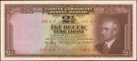 TURKEY. Türkiye Cümhuriyet Merkez Bankasi. 2 1/2 Turk Liras, 1930. P-140. Extremely Fine.
Early Inonu type in third issue. Law 11 Haziran 1930 (1942-...