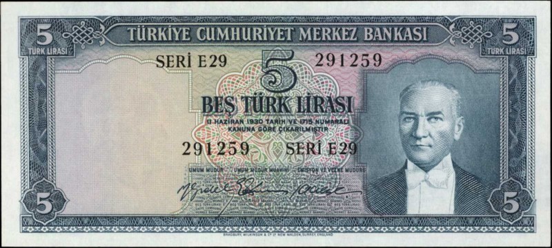 TURKEY. Türkiye Cümhuriyet Merkez Bankasi. 5 Turk Lirasi, 1930. P-155a. About Un...