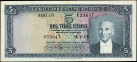 TURKEY. Türkiye Cümhuriyet Merkez Bankasi. 5 Turk Liras, 1930. P-155a. Extremely Fine.
President Kemal Ataturk at right on face and in green three pe...
