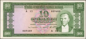 TURKEY. Türkiye Cümhuriyet Merkez Bankasi. 10 Turk Lirasi, 1930. P-161. About Uncirculated.
President Kemal Ataturk at right in strong bright green c...