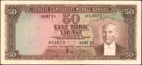 TURKEY. Türkiye Cümhuriyet Merkez Bankasi. 50 Turk Lirasi, 1930. P-165a. Very Fine.
Next in the series, found as a higher denomination in brown with ...