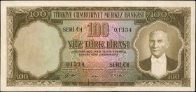 TURKEY. Türkiye Cümhuriyet Merkez Bankasi. 100 Turk Lirasi, 1930. P-167a. Very Fine.
First type of 100 Lira with President Kemal Ataturk at face in o...