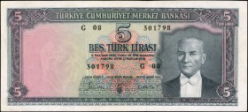 TURKEY. Türkiye Cümhuriyet Merkez Bankasi. 5 Turk Lirasi, 1930. P-173a. Extremely Fine.
First issue of series Law 11 Haziran 1930 ND issue (25.10.196...