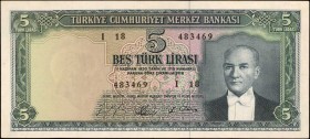 TURKEY. Türkiye Cümhuriyet Merkez Bankasi. 5 Turk Lirasi, 1930. P-174a. Very Fine.
Second type of series Law 11 Haziran 1930 ND issue (4.1.1965). Pre...