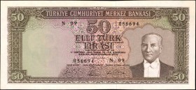 TURKEY. Türkiye Cümhuriyet Merkez Bankasi. 50 Turk Liras, 1930. P-175a. About Uncirculated.
Similar to previous lot. A 50 Lira Law 11 Haziran 1930 ND...