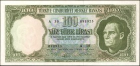 TURKEY. Türkiye Cümhuriyet Merkez Bankasi. 100 Turk Liras, 1930. P-177a. About Uncirculated.
President Kemal Ataturk on face and reverse the famous p...