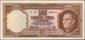 TURKEY. Türkiye Cümhuriyet Merkez Bankasi. 500 Turk Lirasi, 1930. P-178. About Uncirculated.
Scarce last in series and highest denomination of Presid...