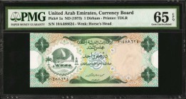 UNITED ARAB EMIRATES. Currency Board. 1 Dirham, ND(1973). P-1a. PMG Gem Uncirculated 65 EPQ.
Printed by TDLR. Watermark of horse's head at right. Pac...
