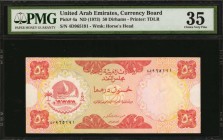 UNITED ARAB EMIRATES. Currency Board. 50 Dirhams, ND (1973). P-4a. PMG Choice Very Fine 35.
Early type with Dhow, camel caravan, palm tree and oil de...