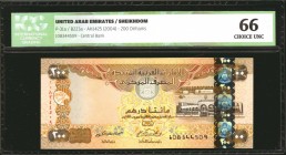 UNITED ARAB EMIRATES. Central Bank. 200 Dirhams, 2004. P-31a. ICG Choice Uncirculated 66.
A reflective security strip and vivid colors stand out on t...
