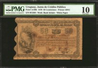 URUGUAY. Junta de Credito Publico. 50 Centesimos, 1870. P-A109b. PMG Very Good.
Printed by BWC. White paper with a wavy chop at left. A tough 1870 50...