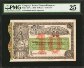URUGUAY. Banco Franco-Platense. 10 Pesos, 1871. P-S171a. PMG Very Fine 25.
Seen with signature. Colorful green and red ink stands out on this 10 Peso...