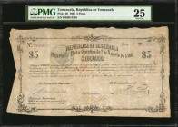 VENEZUELA. Republica de Venezuela. 5 Pesos, 1860. P-20. PMG Very Fine 25.
A scarce piece and an excellent piece. This early type is from the Province...
