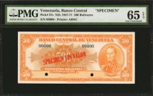 VENEZUELA. Banco Central. 500 Bolívares, ND; 1947-71. P-37s. Specimen. PMG Gem Uncirculated 65 EPQ.
Red specimen overprint. Hole punch cancelled. Pri...