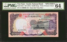 VIETNAM, SOUTH. National Bank. 10,000 Dong, ND (1975). P-36s1. Specimen. PMG Choice Uncirculated 64.
Red overprint of "Giay Mau" and other specimen o...