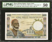 WEST AFRICAN STATES. Banque Centrale des Etats de l'Afrique de L'Ouest. 5000 Francs, ND (1961-65). P-104Ah. PMG About Uncirculated 50.
Ivory Coast- C...