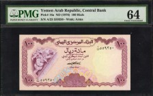 YEMEN, ARAB REPUBLIC. Central Bank. 100 Rials, ND (1976). P-16a. PMG Choice Uncirculated 64.
Watermark of arms at right. A 100 Rials note, seen in a ...