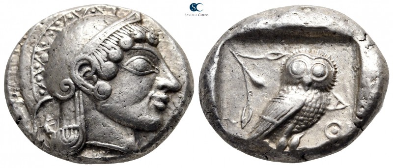 Attica. Athens circa 490-482 BC. 
Tetradrachm AR

25 mm., 17,49 g.

Head of...