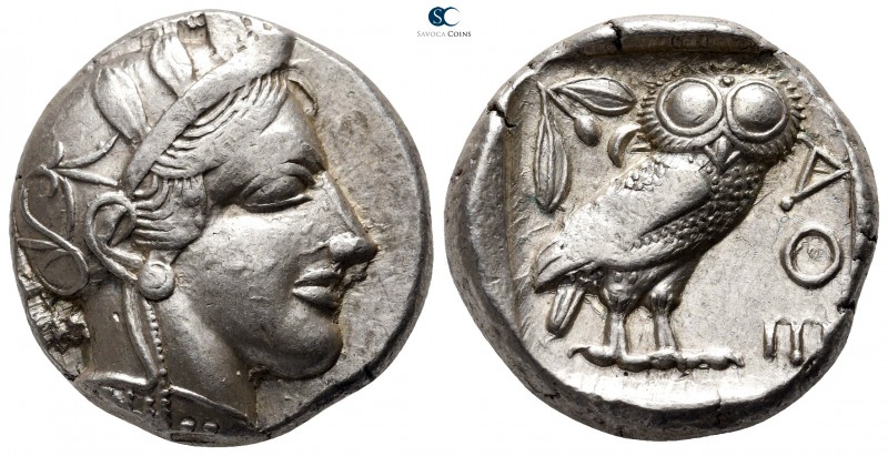 Attica. Athens circa 454-404 BC. 
Tetradrachm AR

25 mm., 17,20 g.

Head of...