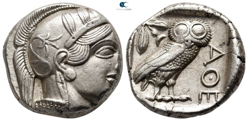 Attica. Athens circa 454-404 BC. 
Tetradrachm AR

25 mm., 17,22 g.

Head of...