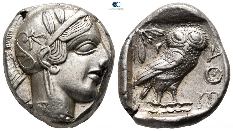 Attica. Athens circa 454-404 BC. 
Tetradrachm AR

26 mm., 17,20 g.

Head of...