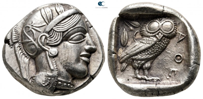 Attica. Athens circa 454-404 BC. 
Tetradrachm AR

26 mm., 17,21 g.

Head of...