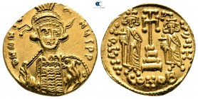 Constantine IV Pogonatus, with Heraclius and Tiberius AD 668-685. Struck circa 674-681. Constantinople. 8th officina. Solidus AV