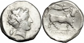 Greek Italy. Central and Southern Campania, Neapolis. AR Didrachm, c. 300-275 BC. D/ Diademed head of nymph Parthenope right, wearing earring and neck...
