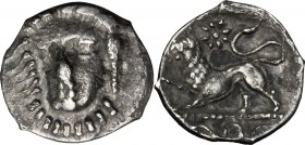 Greek Italy. Central and Southern Campania, Phistelia. AR Obol, c. 325-275 BC. D/ Head of nymph facing slightly left. R/ Lion running left; serpent in...