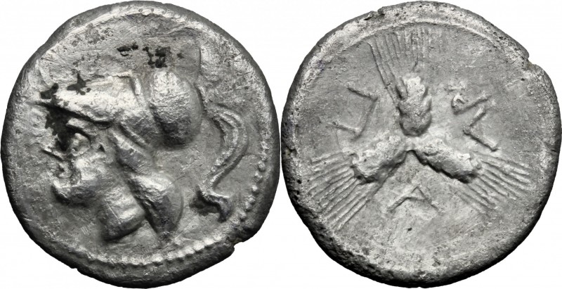 Greek Italy. Northern Apulia, Arpi. AR Triobol, c. 215-212 BC. D/ Head of Athena...