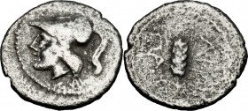 Greek Italy. Northern Apulia, Arpi. AR Obol, 215-212 BC. D/ Head of Athena left, helmeted. R/ Barley-ear. HN Italy 648. AR. g. 0.76 mm. 11.00 About VF...