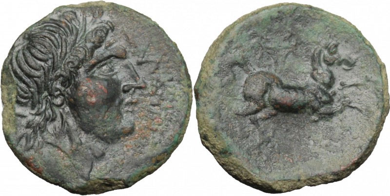 Greek Italy. Northern Apulia, Salapia. AE 21mm, 225-210 BC. D/ Head of Apollo ri...