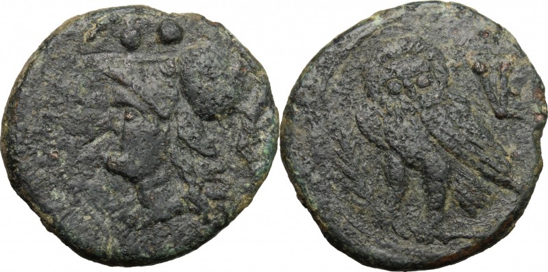 Greek Italy. Northern Apulia, Venusia. AE Biunx, 210-200 BC. D/ Head of Athena l...
