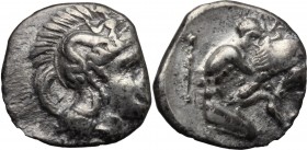 Greek Italy. Southern Apulia, Tarentum. AR Diobol, 380-325 BC. D/ Head of Athena right, wearing helmet decorated with Scylla. R/ Herakles fighting lio...