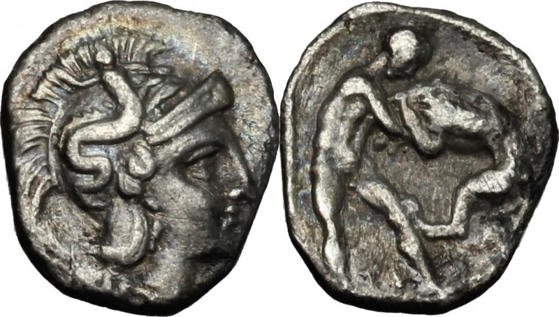 Greek Italy. Southern Apulia, Tarentum. AR Diobol, circa 380-325 BC. D/ Head of ...