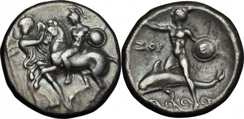 Greek Italy. Southern Apulia, Tarentum. AR Nomos, circa 280 BC. D/ Warrior, wear...