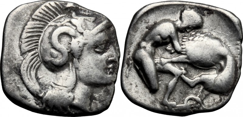 Greek Italy. Southern Apulia, Tarentum. AR Diobol, c. 340 BC. D/ Head of Athena ...