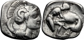 Greek Italy. Southern Apulia, Tarentum. AR Diobol, c. 340 BC. D/ Head of Athena right, wearing helmet decorated with Scylla hurling rock. R/ Herakles ...